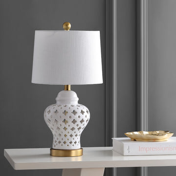 Quatrefoil Fretwork 20.5" Pierced Ginger Jar Ceramic/Metal LED Table Lamp - JONATHAN Y